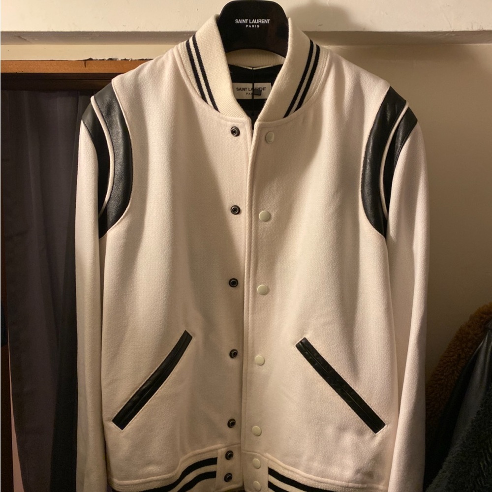 Saint Laurent Paris x Hedi Slimane Black and White ‘Teddy’ Varsity Jacket